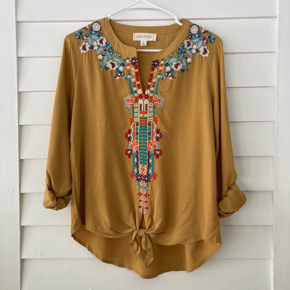 Luna Moon | Embroidered Boho Tie Front Blouse Mustard Size Small